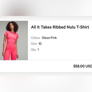 Lululemon all it takes ribbed Nulu tee. Size 10